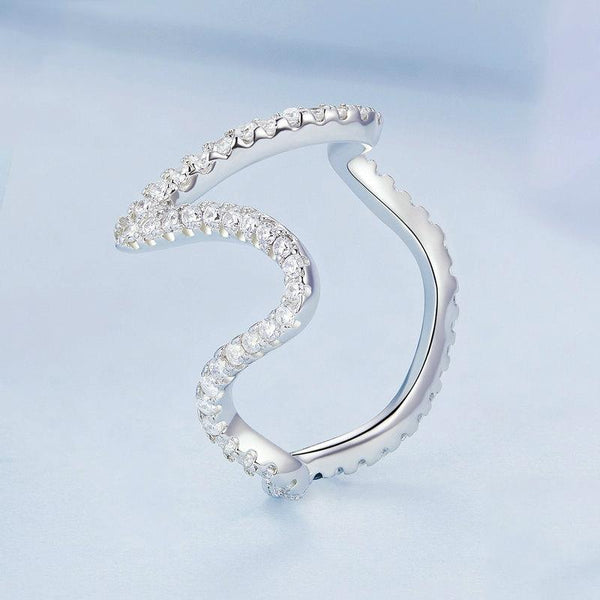 BSR314 Sterling Silver S925 Simple Geometric Wavy White Gold Plated Zircon Ring(No.8)