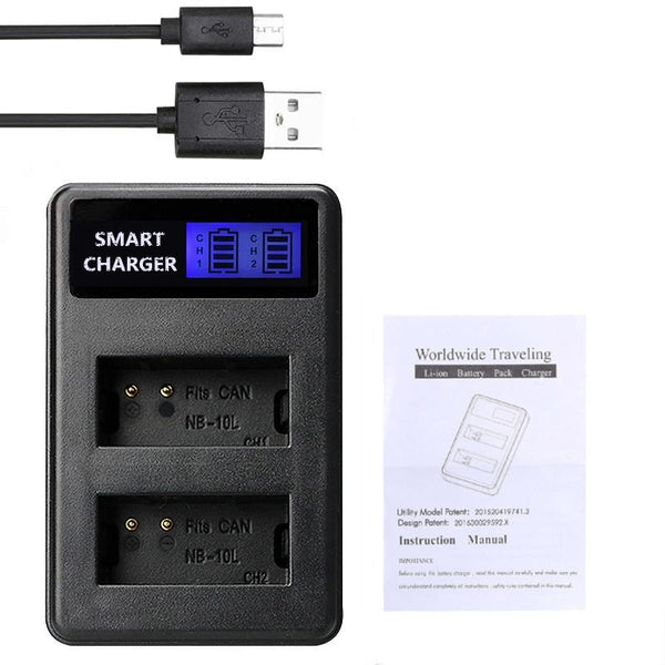 For Canon NB-10L Battery Smart LCD Display USB Dual-Channel Charger