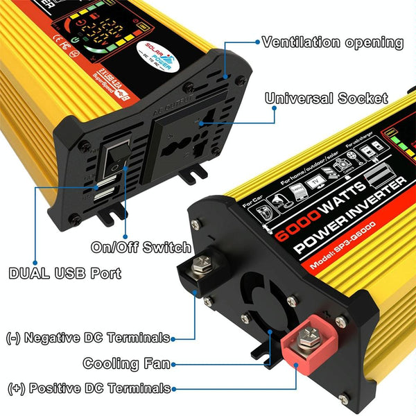 Legend III Generation DC12V to AC110V 6000W Modified Square Wave Car Power Inverter with LED Display(Yellow)