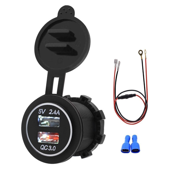 Universal Car QC3.0 Dual Port USB Charger Power Outlet Adapter 5V 2.4A IP66 with 60cm Cable(White Light)