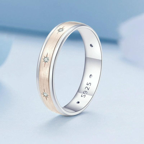 BSR358 Sterling Silver S925 Two-color Electroplated Zircon Starburst Ring(No.7)