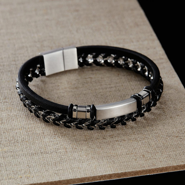 OPK PH1587 Stainless Steel Glossy Double Braided Leather Magnetic Insert Buckle Bracelet