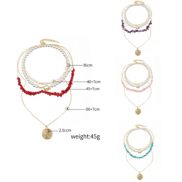 Boho Colorful Broken Natural Stone Necklace, Model: N2105-20 Blue-green Stones