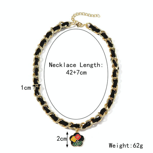 N2209-8 Black Flower Cloth Ladies Metal Temperament Necklace Clavicle Chain
