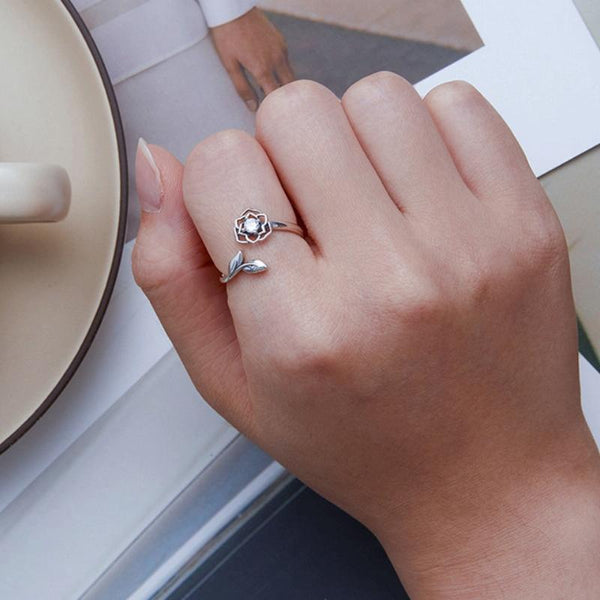 BSR325 Sterling Silver S925 Silver Camellia Zirconia Ring(Open Adjustable)