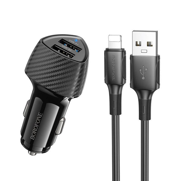 BOROFONE BZ31A Solid Dual-port USB Car Charger Set with USB to 8 Pin Cable(Black)