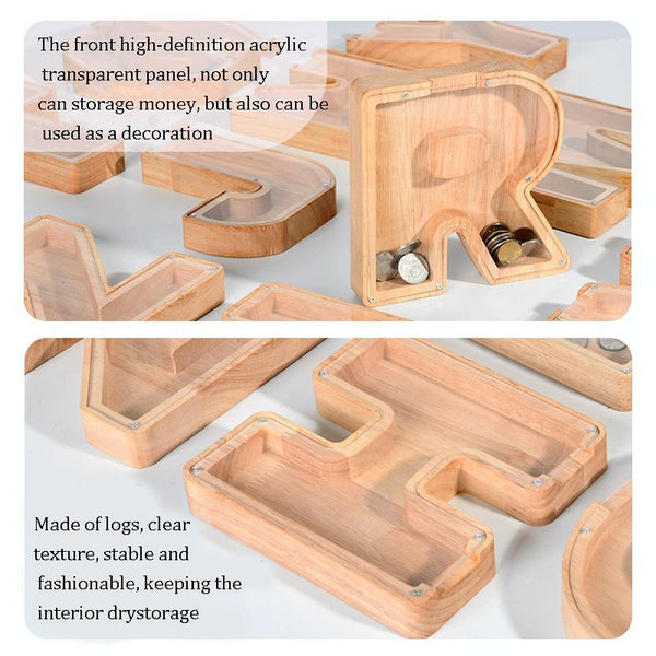 Wooden English Alphabet Piggy Bank Transparent Acrylic Piggy Bank(O)
