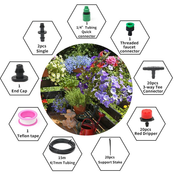 15m Kit Hose Drip Irrigation System Plant Watering Set 360 Degree Adjustable Drippers