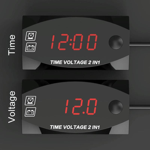 Motorcycle Multi-functional 2 in 1 Digital Display Voltmeter + Electronic Clock, 6-30V IP67 (Red Light)