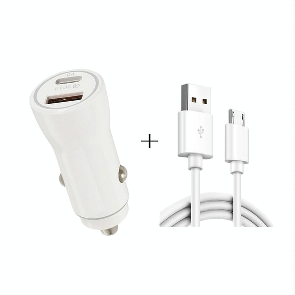 P21 Portable PD 20W + QC3.0 18W Dual Ports Fast Car Charger with USB to Micro USB Cable Kit(White)