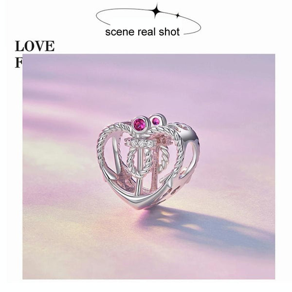 BSC773 Sterling Silver S925 Love Anchor Platinum Plated Beaded Bracelet