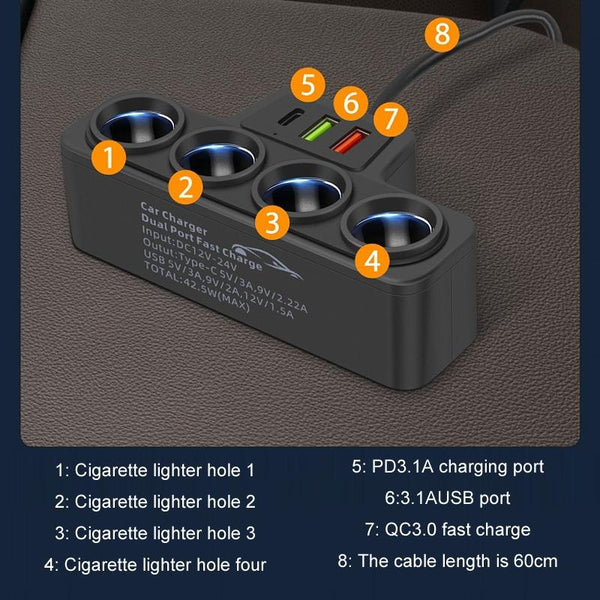 1 to 4 Q3.0 Car Cigarette Lighter Fast Charging 120W Car Conversion Plug(BY-1369)