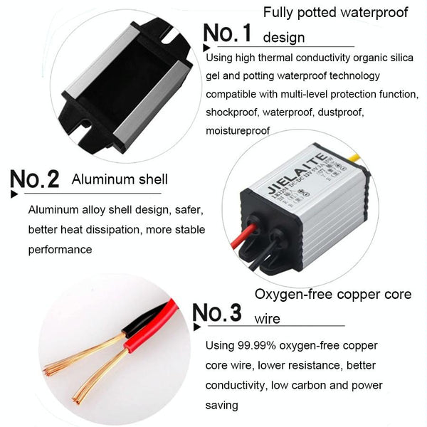 JIELAITE LK1253 15W Aluminum Alloy Intelligent Protection Waterproof Car Power Converter(12V to 3.7V/3A)