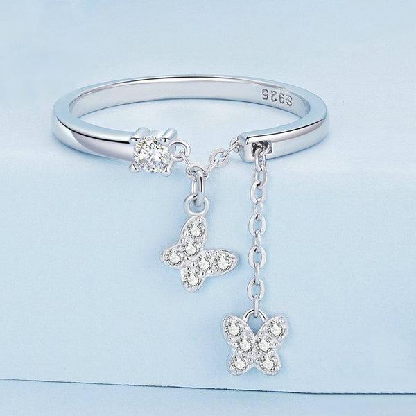 BSR349 Sterling Silver S925 Butterfly Chain Open Zircon Plated Gold Ring