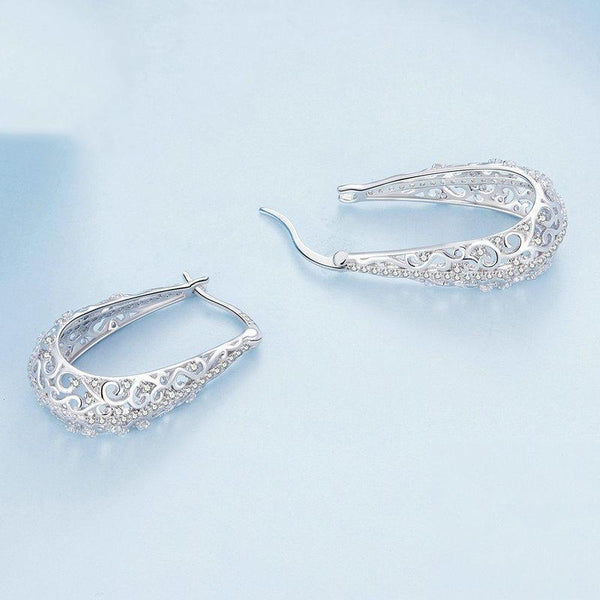 BSE753 Sterling Silver S925 White Gold Plated Openwork Pattern Zirconia Earrings