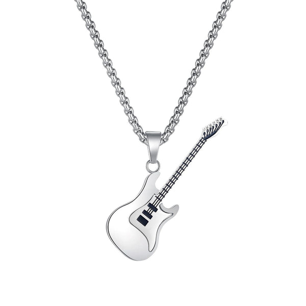 OPK 1989 Personality Stainless Steel Guitar Pendant Titanium Steel Necklace, Color: Steel Color Pendant+0.3x55cm Pearl Chain