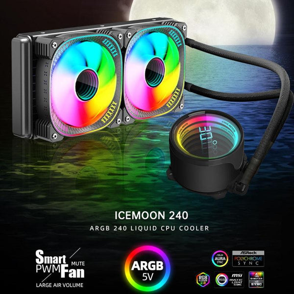 COOLMOON CM-YM-240T Digital ARGB Lens Edition Integrated Water Cooling CPU Cooler Temperature Display CPU Fan(White)