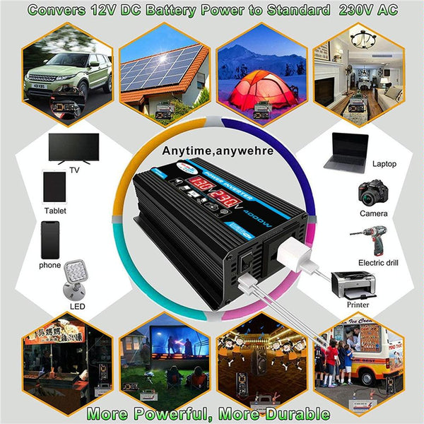 Tang II Generation 12V to 110V 4000W Modified Square Wave Car Power Inverter(Black)