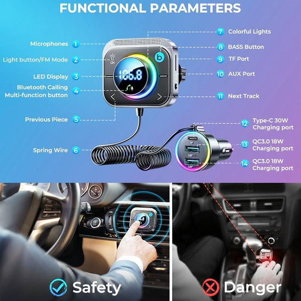 Joyroom JR-CL18 Car Charger Vehicle Bluetooth Transmitter Comes With Spring Line(Silver)