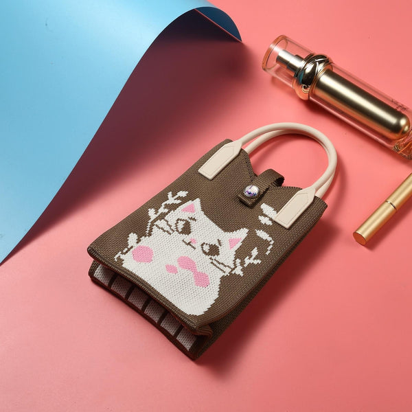 Cat Knitted Mini Crossbody Phone Bag For 6.9 inch and Below Phones(Khaki)