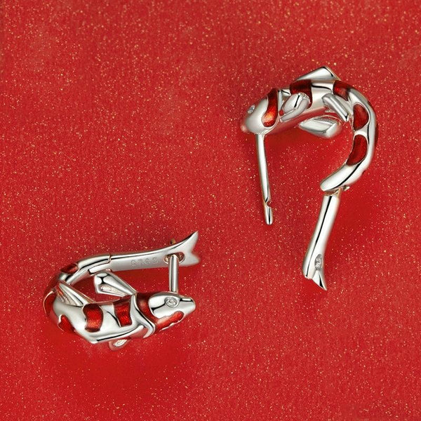 BSE742 Sterling Silver S925 Zirconia White Gold Plated Good Luck Koi Earrings