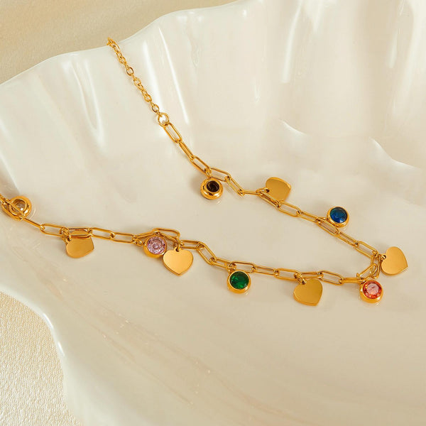 OPK GX2407 Stainless Steel Plated Love Heart Pendant Colorful Zirconia Temperament Necklace