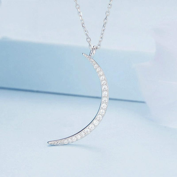 BSN286 Sterling Silver S925 White Gold Plated Zircon Crescent Pendant Necklace