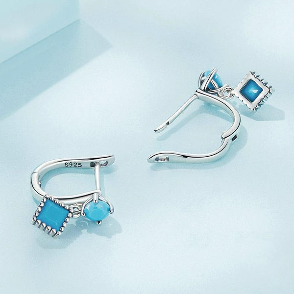 SCE1539 S925 Sterling Silver Prong Set Synthetic Turquoise Geometric Earrings