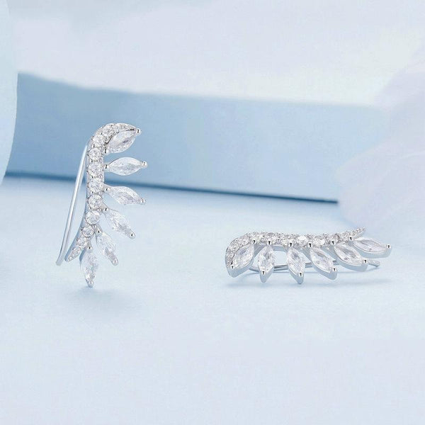 BSE780 Sterling Silver S925 Sparkling Platinum Zircon Wing Feather Long Stud Earrings