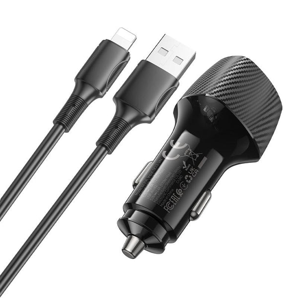 BOROFONE BZ31A Solid Dual-port USB Car Charger Set with USB to 8 Pin Cable(Black)