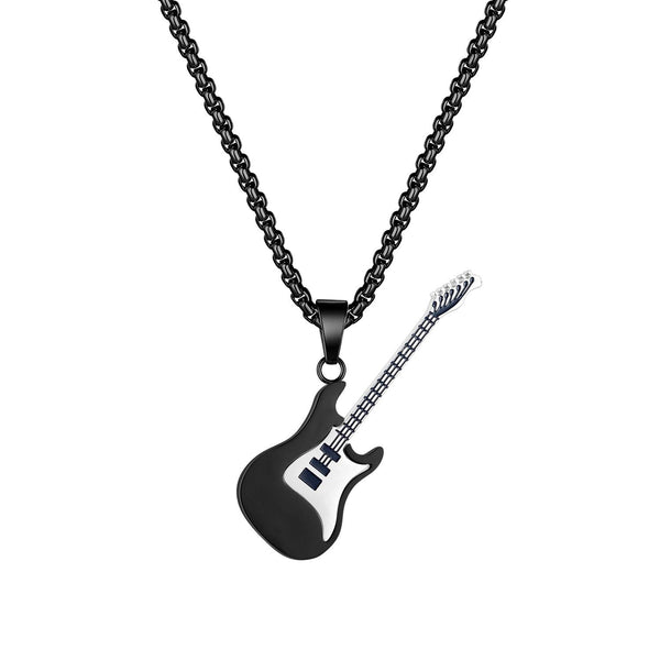 OPK 1989 Personality Stainless Steel Guitar Pendant Titanium Steel Necklace, Color: Black Pendant+0.3x55cm Pearl Chain