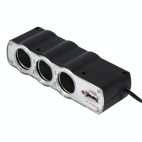 WF-0120 12V / 24V 3 Way Triple Sockets USB Car Cigarette Lighter Socket Splitter Charger(Black)