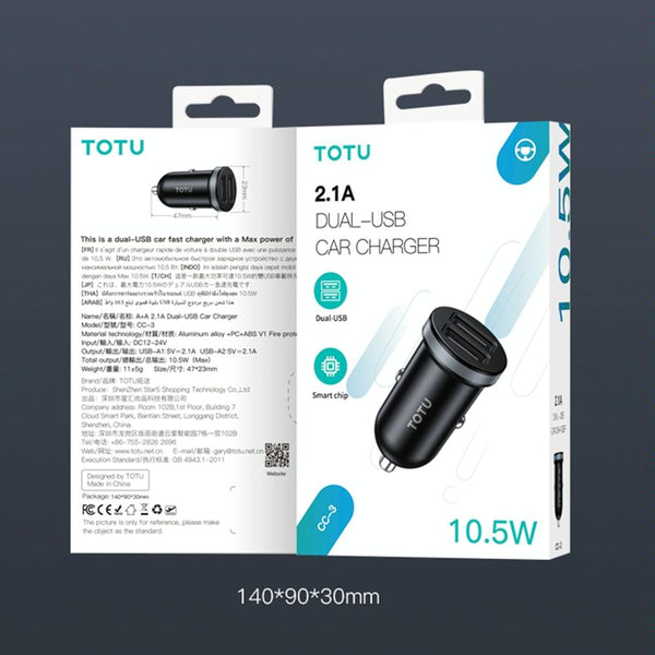 TOTU CC-3 2.1A Dual USB-A Port Car Charger(Grey)