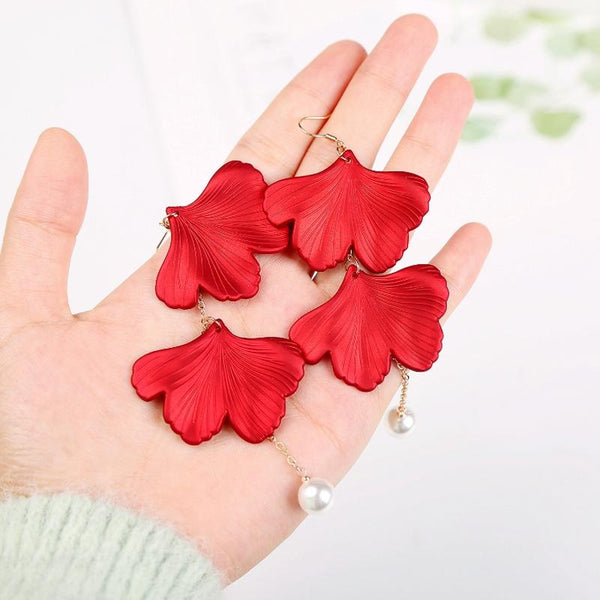 Long Exaggerated Fabric Art Handmade Petal Earrings, Color: E1910-3 2 Sides Maple Leaves