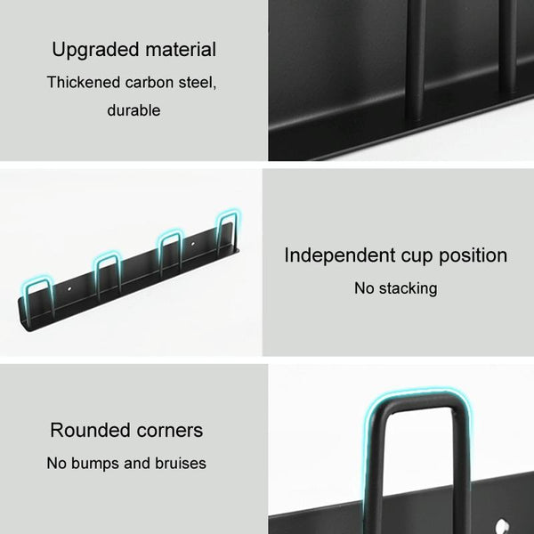 Household Glass Cup Holder Inverted Cup Hanger Bar Free Hole Wall Mounted Drainage Mug Shelf, Color: 3 Position (Black)