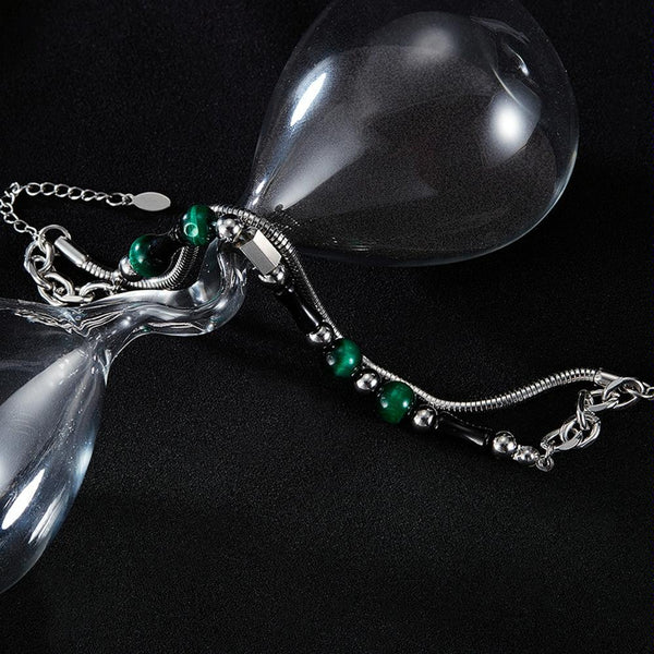 OPK GS1551 Vintage Double Layers Stacked Green Tiger Stone Bamboo Stainless Steel Strings