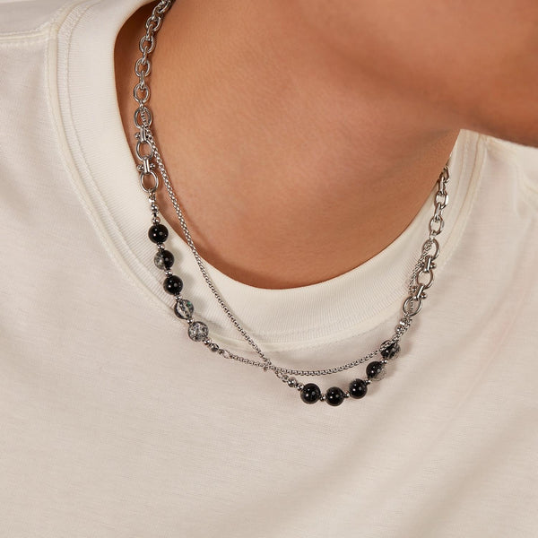 OPK GX2416 Stainless Steel Double Chain Glass Beads Necklace