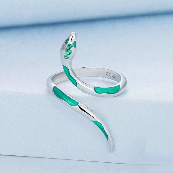 BSR328 Sterling Silver S925 White Gold Plated Oil Drop Zirconia Green Snake Ring(Open Adjustable)
