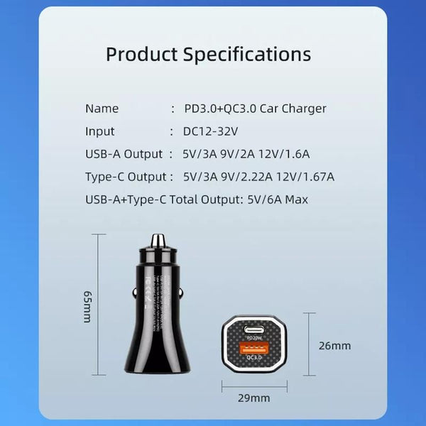 PD + QC3.0 Car 2 in 1 Square Fast Charger Car Cigarette Lighter (White)