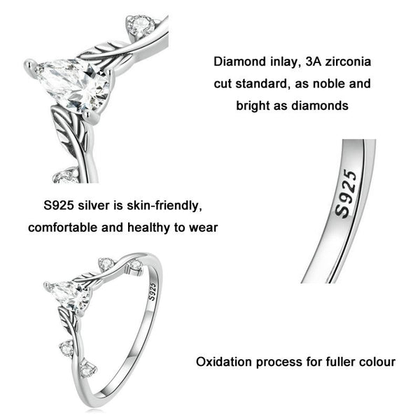 BSR308 Sterling Silver S925 Teardrop Vine Ring Zirconia Branch Leaf Jewellery(No.7)