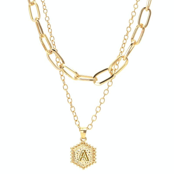 26 Alphabet Double Layer Necklace Hexagonal Letter Pendant Layered Collarbone Chain, Style: A