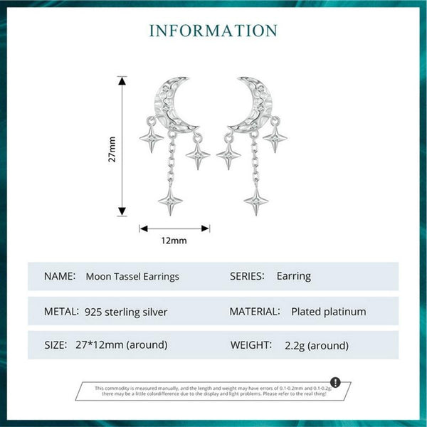 BSE858 Sterling Silver S925 White Gold Plated Zircon Moon Tassel Stud Earrings