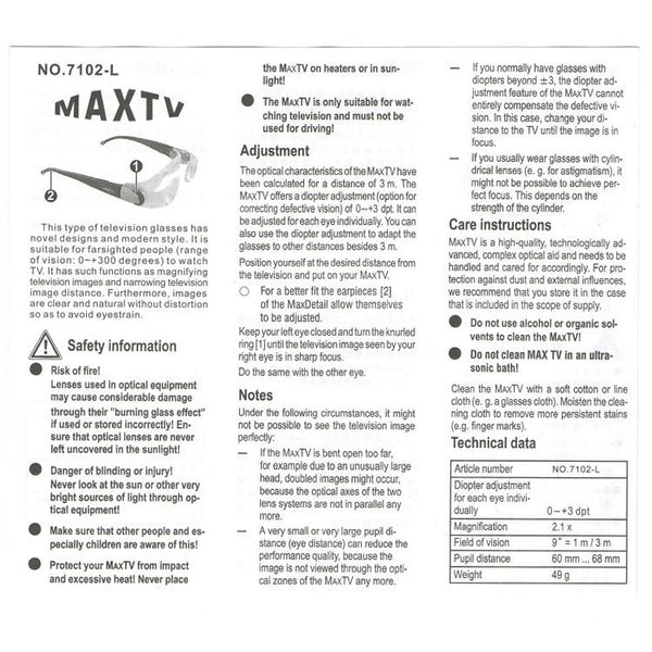 7012L 2.1X TV Magnification Glasses for Hyperopia People (Range of Vision: 0 to +300 Degrees)(Black)