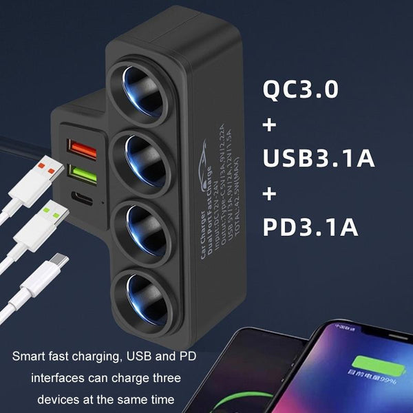1 to 4 Q3.0 Car Cigarette Lighter Fast Charging 120W Car Conversion Plug(BY-1369)