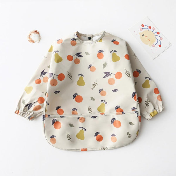 Long Sleeved Baby Bib Waterproof Washable Easy Clean Smock With Pocket, Size: M(Pear Orange)