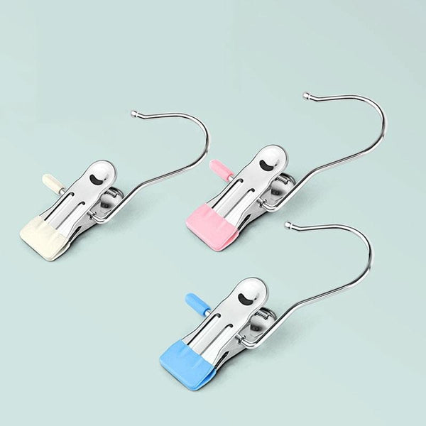 5pcs /Pack Stainless Steel Flat Clip With Hook Anti-Scratch Catch Laundry Drying Holder(Beige)