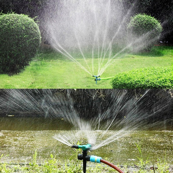 Automatic 360 Rotating Adjustable Garden Water Sprinklers Lawn Irrigation System with 3 Arm Sprayers and Spike Base(Blue)