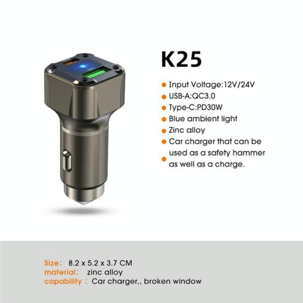 K25 Fast Charging Metal Window Breaker Car Charger Adapter PD 30W Super Charger