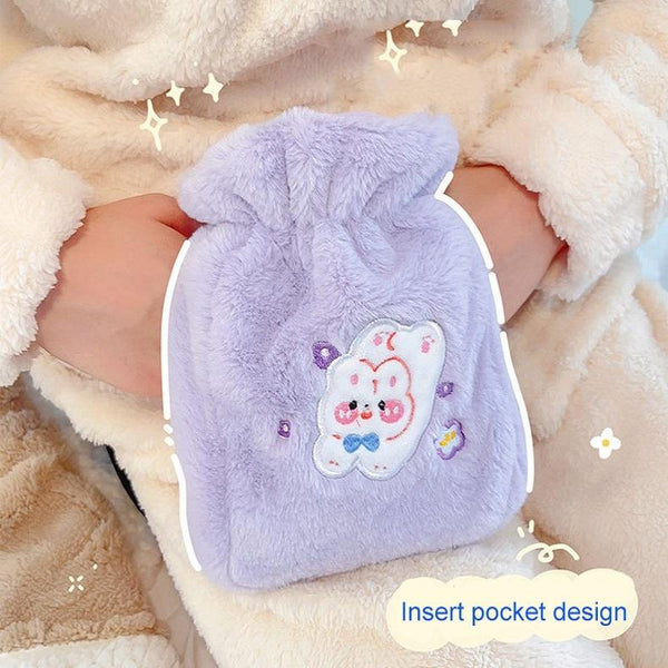 Plush Embroidery Washable Can Be Crossbody Water-Filled Warm Water Bag Purple Bunny+Strap