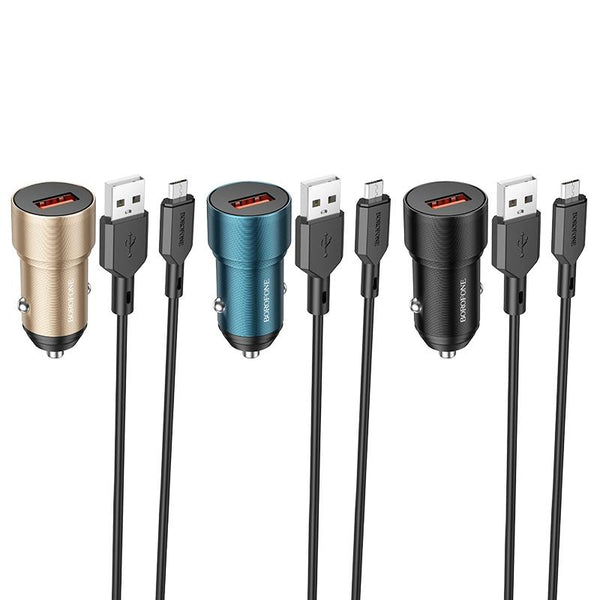 BOROFONE BZ19A Wisdom QC3.0 USB Port Fast Charging Car Charger with USB to Micro USB Cable(Gold)